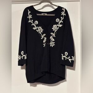 dressbarn Black Cardigan with White Floral Embroidery